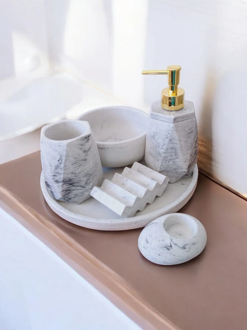 6'lı Mermer Desenli Beton Banyo Seti Sıvı Sabunluk Diş Fırçalığı Aksesuar Takımı Gri