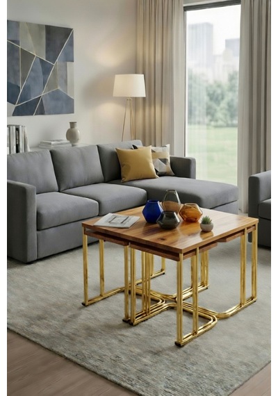 Usta Mekan Seul 5 Li Tekerli Gold Ceviz 4+1 Kare Orta Sehpa Altın