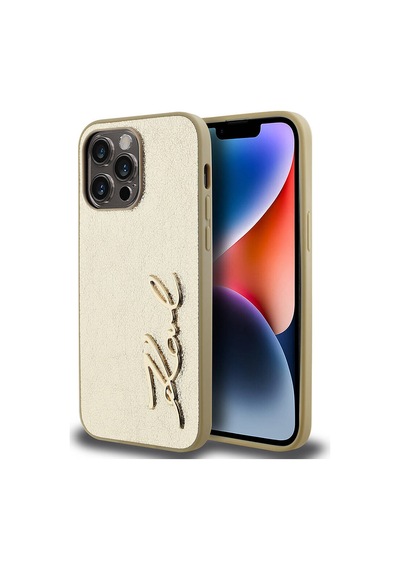 Apple Uyumlu iPhone  14 Pro Max Kılıf Karl Lagerfeld Lisanslı 3d Kl Yazılı Tüylü Yüzey Saffiano Rhinestones Gold