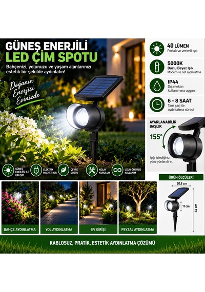 Solar Led Bahçe Spotu 40 Lümen 5000k Beyaz Işık Kazıklı Çim Ve Peyzaj Aydınlatma