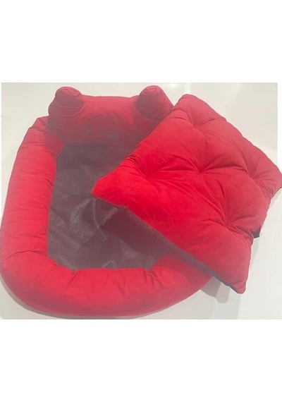 Süslüpati Kullanışlı Yıkanabilir Kumaş Silikon Elyaf Dolgulu Kedi Köpek Yatağı Kırmızı 52x56cm