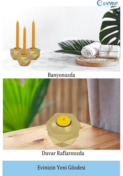 Mumluk Şamdan 3 Adet Tealight Ve İnce Mum Uyumlu Prizma Model - Altın