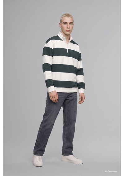 Defacto Boxy Fit Dik Yaka Yarım Fermuarlı Çizgili Sweatshirt C7045ax26augn498 Yeşil-gn498