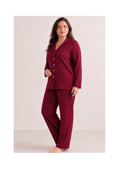 Fit Women Kadın Rahat Puantiyeli Düğmeli Kırmızı Pijama Takımı 824