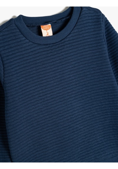 Koton Bisiklet Yaka Sweatshirt Dokulu Pamuk Karışımlı Mavi 5wmb10054tk Mavi