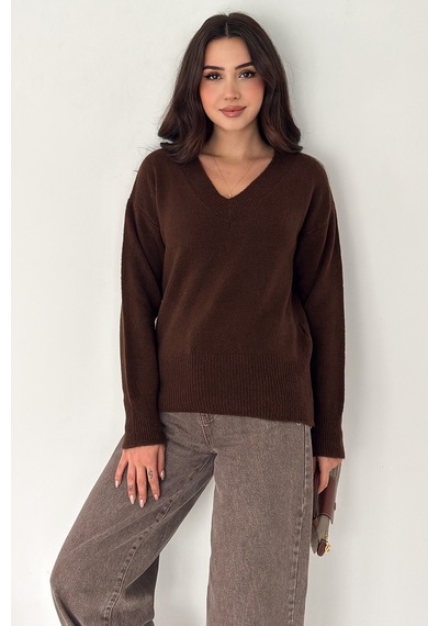 Noa & Noa Kadın V Yaka Triko Kazak Cozy Neutral kahverengi