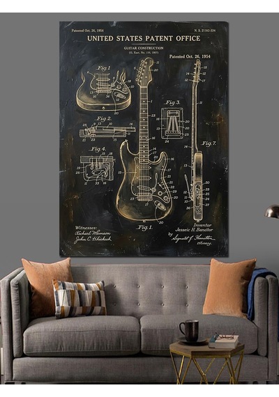 Gitar Teknik Planı Sanat Tasarımı Dekoratif Kanvas - Mdf Ahşap Tablo
