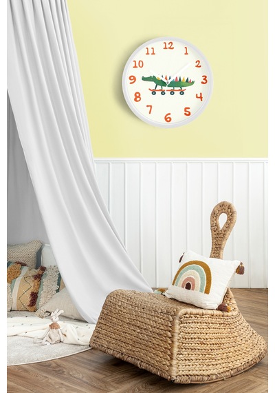 Kaykay Yapan Sevimli Timsah Çocuk Odası Modern Duvar Saati - 30cm - Önü Camlı Beyaz Kasa-jh0209 Beyaz