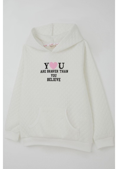 Breeze Kız Çocuk Sweatshirt Kapitone Desenli Kanguru Cepli 8-14 Yaş, Ekru Ekru