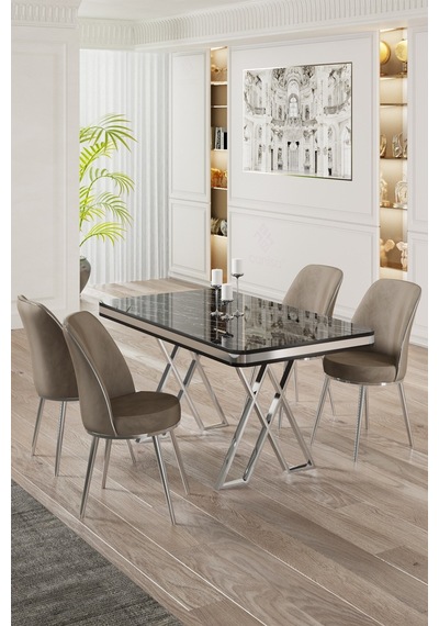 Canisa Vals Serisi 80x130 Lak Panel Siyah Mermer Desen Masa Takımı Krom Ayaklı 4 Cappucino Sandalye Masa Siyah Mermer Desen Sandalye Cappucino Canisa Vals Serisi 80x130 Lak Panel Siyah Mermer Desen Masa Takımı Krom Ayaklı 4 Cappucino Sandalye Masa Siyah Mermer Desen Sandalye Cappucino