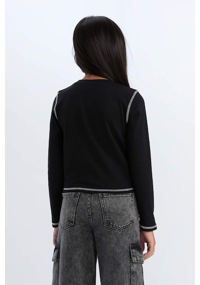 DeFacto Kız Çocuk Cropped Fit Bisiklet Yaka Baskılı Fitilli Kaşkorse Uzun Kollu Tişört D3430A824WNBK81 Siyah