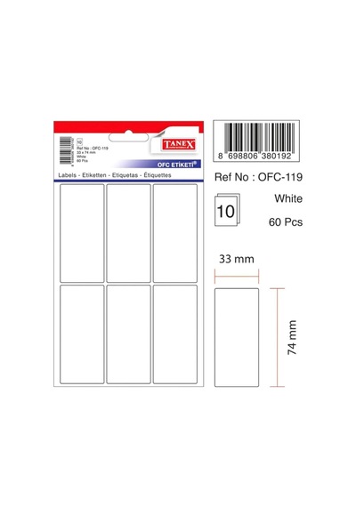 Tanex Ofis Etiketi Poşetli 33x74 MM Beyaz 10 yap. 60 Etiket