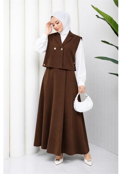 Neşeli Butik Kadın Kahverengi Düğme Detaylı Yelek Bluz Etek Üçlü Tesettür Takım Nbft007 Neşeli Butik Kadın Kahverengi Düğme Detaylı Yelek Bluz Etek Üçlü Tesettür Takım Nbft007