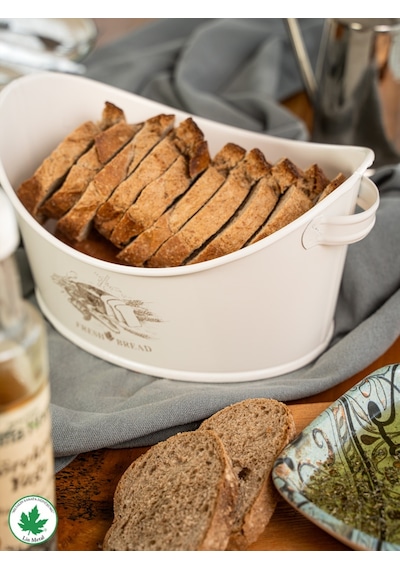 Metal Kayık Ekmeklik, Gondol Ekmeklik, Ekmek Sepeti, Sunumluk Fresh Bread Baskılı - Krem Beyaz