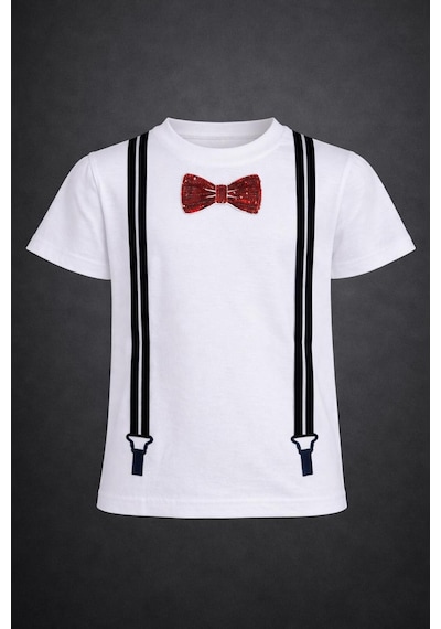 Nacar Store Erkek-kız Çocuk Kırmzı Papyon İşlemeli T-shirt Beyaz-kırmızı Papyon