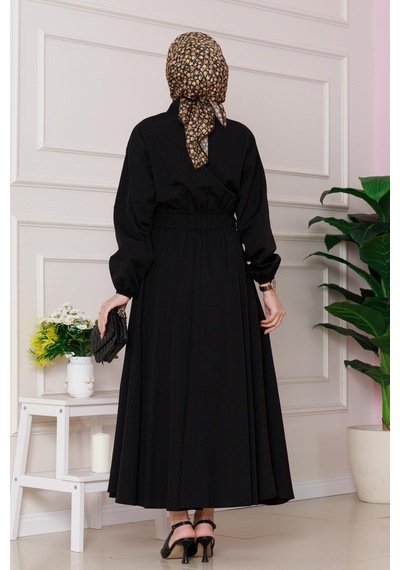 Sevitli Beli Lastik Detaylı Yasemin Elbise-siyah-4817 Siyah