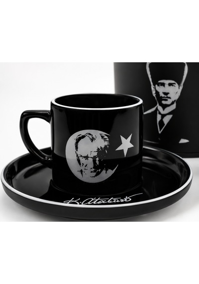 Atatürk İmzalı 2 Li Türk Kahvesi Fincan Takımı Özel Kutulu Siyah Premium Kahve Seti Hediyelik