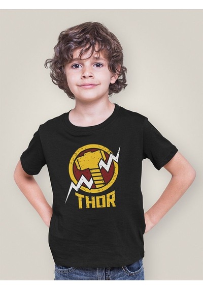 Sevbano Tasarım Thor Çekiç Baskılı Unisex Film Kahramanı Çocuk Tişört 1- SIYAH