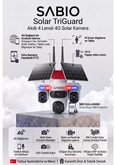 Sabio Solar Triguard 4 Lensli 4g Sim Kartlı Solar Panelli Güvenlik Kamerası