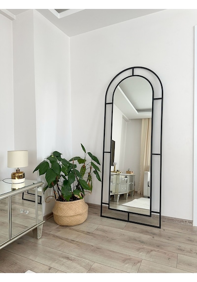 Effe Siyah Metal Çerçeveli 180x70 Cm Pencere Model Oval Ayaklı Boy Aynası