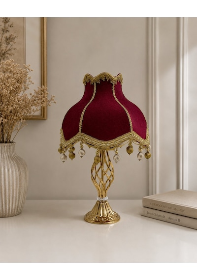 Kırmızı Kadife Şapkalı Gold Kaplama Ayaklı Klasik Model Abajur Klasik Dekoratif Aydınlatma 50x30cm
