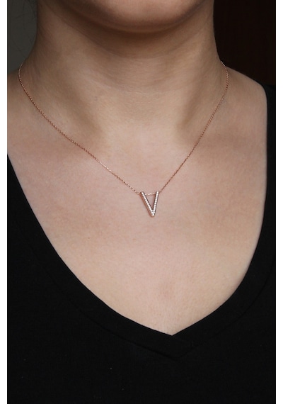 925 Ayar Gümüş Rose V Harfi Kolye - 23091501 Rose Gold