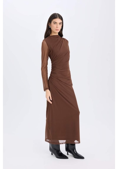 DeFacto Bodycon Vücudu Saran Yarım Balıkçı Yaka Tül Uzun Kollu Maxi Elbise E3548AX24WNBN167 Kahve