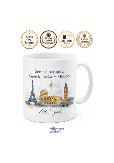 Erasmus Arkadaşına Hediye Kupa Avrupa Anıları Bitmez Baskılı Bardak Beyaz / Çok Renkli