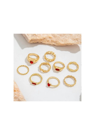Blush 9 Adet Gold Renkli Kırmızı Taşlı Kalp Oymalı Vintage Tasarım Altın Yüzük Seti