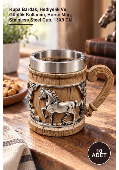 10 Adet At Temalı 3d Kabartmalı Paslanmaz Çelik Kupa Kupa Bardak, Hediyelik Ve Günlük Kullanım, Horse Mug, Stainless Steel Cup, 13x9 Cm