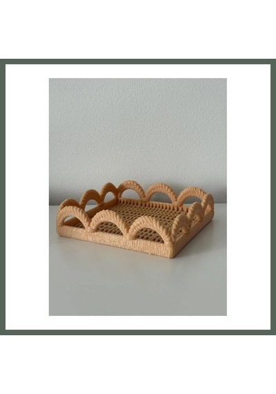 Bezos 3d Baskı Hasır Görünümlü Dekoratif Tepsi Kemerli Kenarlı Örgü Desenli Sunum Ve Düzenleyici Tepsi Bej Bzstk