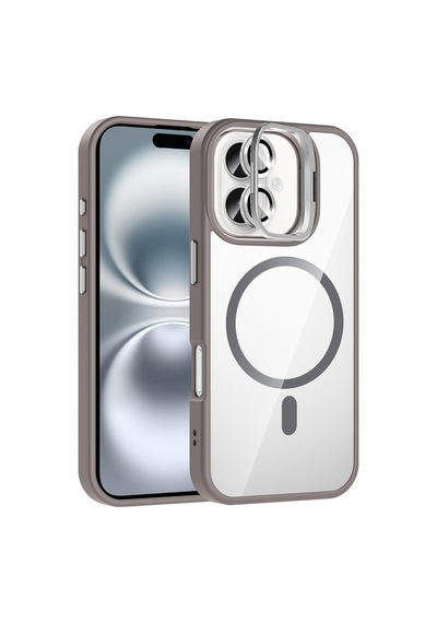 Apple Uyumlu iPhone 16 Plus Kılıf Standlı Ve Kamera Lens li M-safe Şarj Özellikli Etro Kapak - Gri