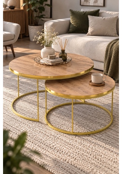 Sulorahome 2'li Yuvarlak Orta Sehpa Seti Ceviz Ve Gold Metal Ayaklı Altın - Ceviz Sulorahome 2'li Yuvarlak Orta Sehpa Seti Ceviz Ve Gold Metal Ayaklı Altın - Ceviz