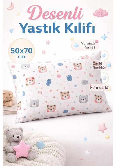 Lastikli Çarşaf Lüks%80 Pamuklu Tek Kişilik Takımı Çocuk Ayı Desen +1 Adet%80 Pamuklu Hayavan Desenli Yastık Kılıflı
