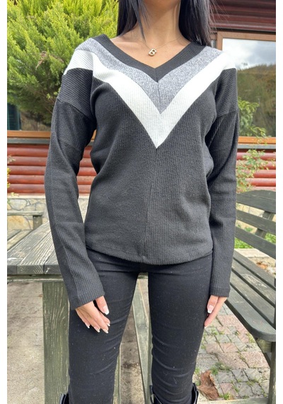 WeShaya Kadın Siyah Uzun Kollu V Yaka Color Block Pamuklu Bluz Sweatshirt Siyah