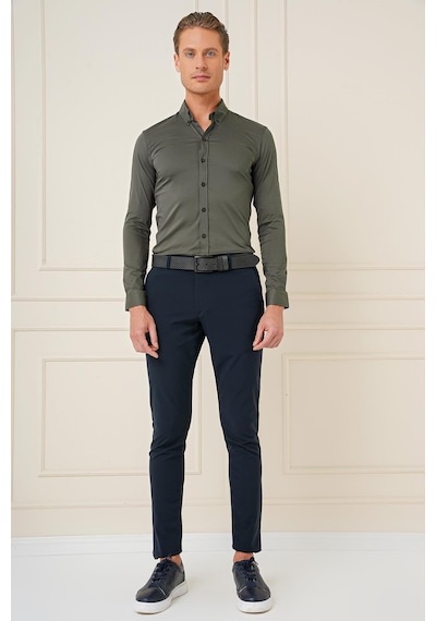 Efor Slim Fit Düğmeli Yaka Esnek Pamuk Klasik Haki Gömlek Gk 727 Haki