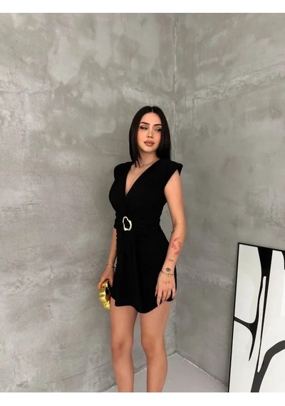 Valensdesign Kruvaze Drapeli Tokalı Mini Elbise Şık Gece Davet Abiye - Siyah