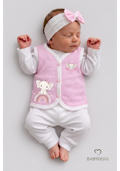 Babyden's 2 Li Kız Bebek Yelek Seti ,jakarlı Kalp Desenli,pamuklu,çıtçıtlı Bebek Yeleği Fil Baskılı,mevsimlik Ekru - Pembe