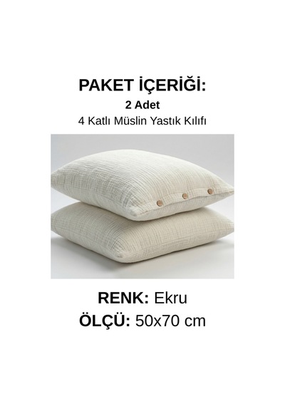 Cloud Rest 4 Kat Müslin Yastık Kılıfı 2'li Set 50x70 Cm %100 Pamuk Nefes Alan Yumuşak Dokulu Bej