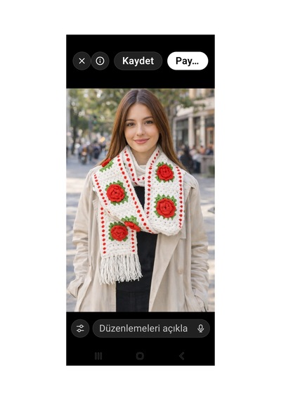 Megahan Boutıque Orgu Kirmizi Gul Motifli Beyaz Atki Parmaksız Eldiven.takım