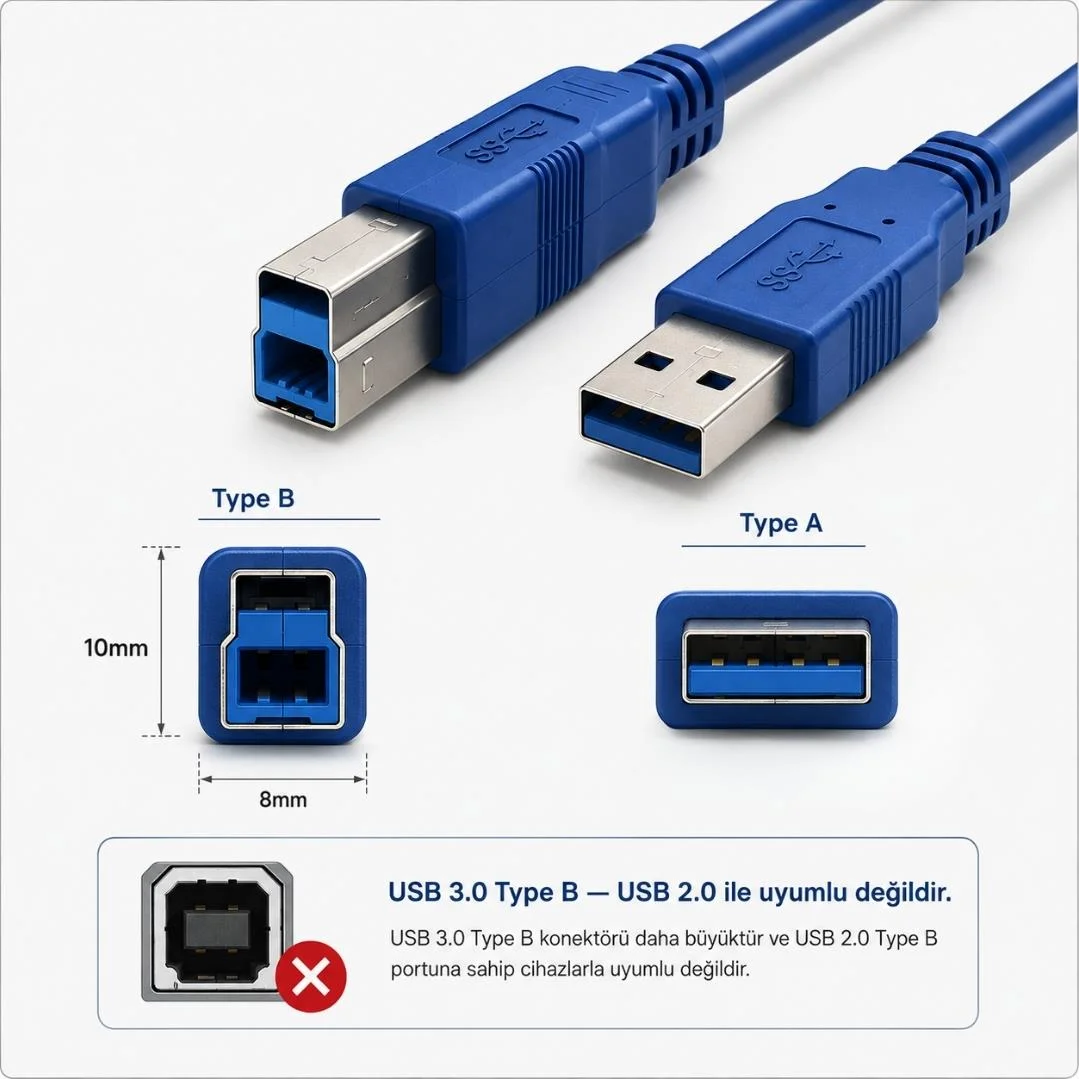 Usb 3.0 To Type B Erkek Yazıcı Kablosu 5gbps Printer Ara Data Kablosu 3 Metre