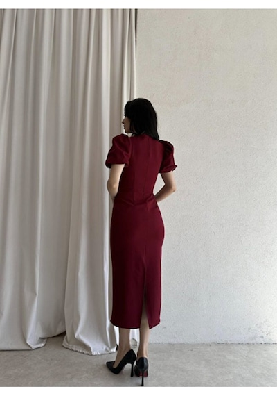 Bianca Yaka Detaylı Puff Kol Midi Elbise Bordo