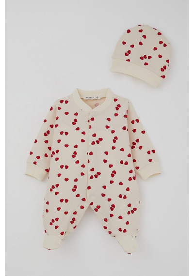 Breeze Kız Bebek Patikli Tulum Sevgi Temalı Kalp Desenli 0-6 Ay, Krem Krem