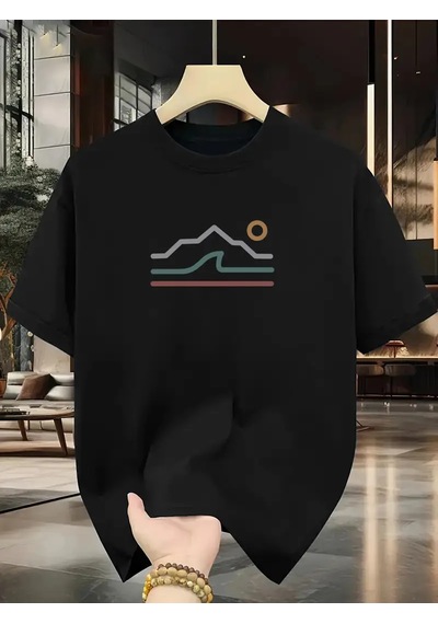 Unisex Güneşli Dağ Tasarım Basklı Tshirt Siyah