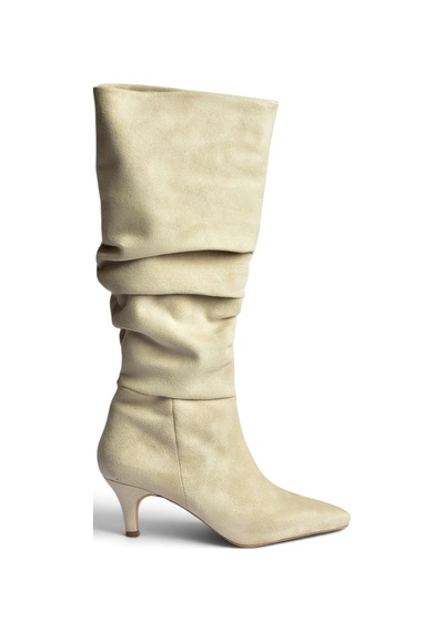 Fox Shoes Z965170402 Bej Süet İnce Topuklu Büzgülü Kadın Çizme