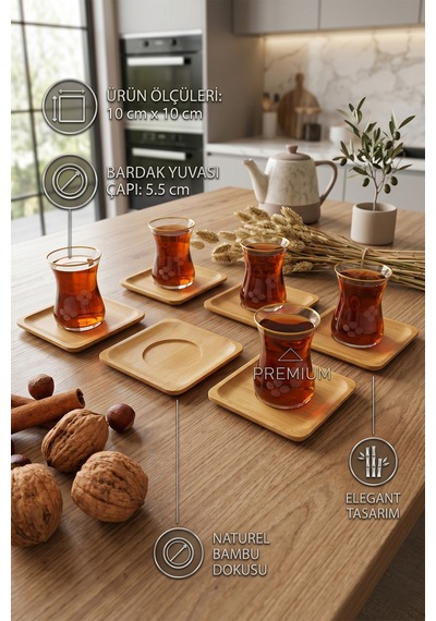 Ahşap Çay Tabağı 6 Lı Set Bardak Fincan Kupa Altlığı Kare Ahşap