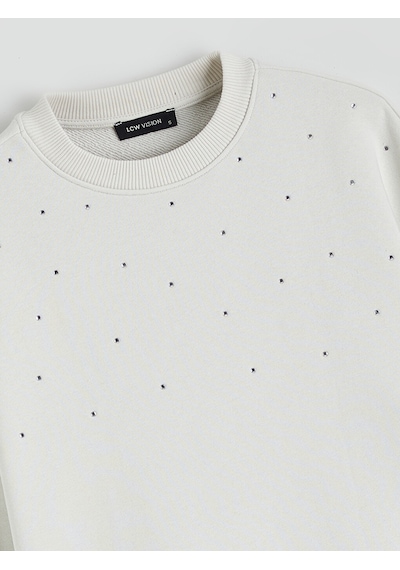 Lcw Vision Bej Bisiklet Yaka Taşlı Oversize Kadın Sweatshirt