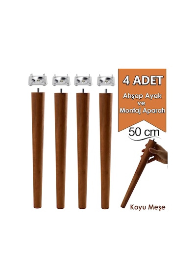 4 Adet Ahşap Ayak 50 Cm Koyu Meşe M8 Civatalı Bağlantı Aparatlı Mobilya Tabure Sehpa Masa Destek Ayağı Koyu Meşe