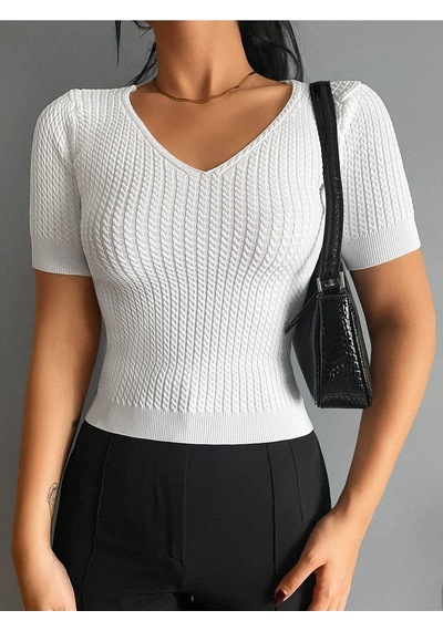 Aqe Fashion V Yaka Kısa Kol Beyaz Bluz Siyah