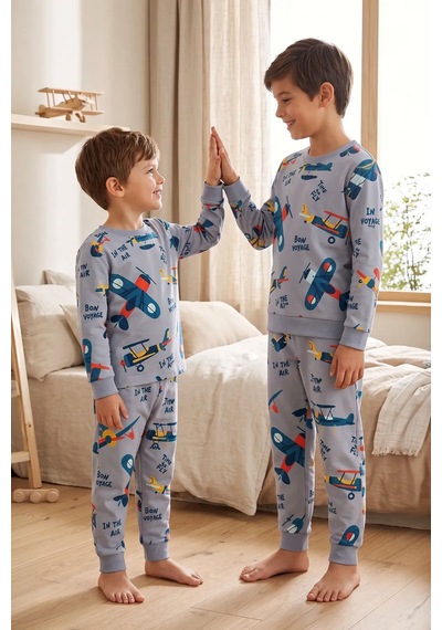 Zuzunga Time To Fly Gri Renk Uçak Desenli Erkek Çocuk Pijama Takımı